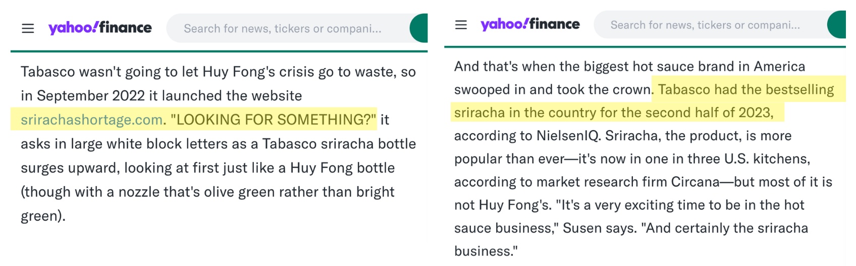 Yahoo Finance — 'TABASCO had the bestselling sriracha in the country for the second half of 2023'